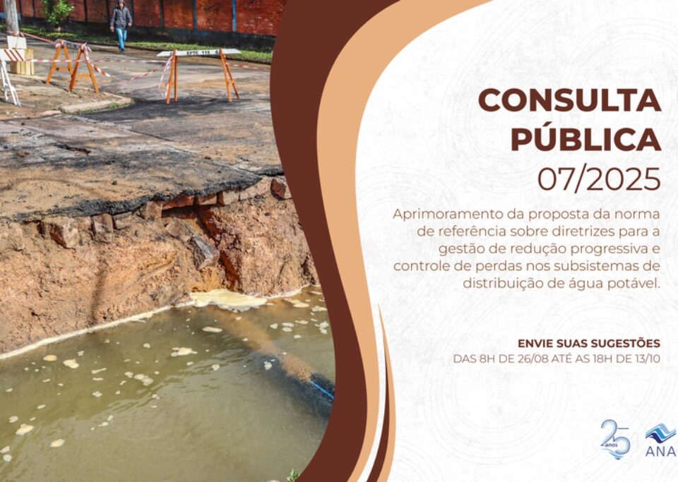 Consulta pública sobre NR de diretrizes para gestão de redução e controle de perdas nos subsistemas de distribuição de água começa nesta terça (26)